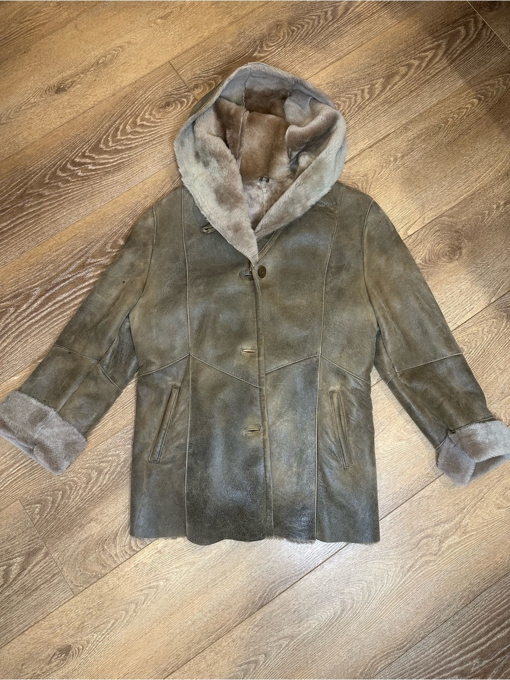 VTG Pellegrino-K Genuine Shearling Hooded Coat distressed effect taupe-grey XXXL